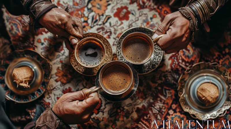 Exquisite Coffee Experience: Three People with Metal Cups on a Vibrant Carpet AI Image