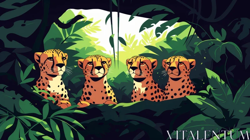 AI ART Four Cheetahs in Green Jungle - Wildlife Photography