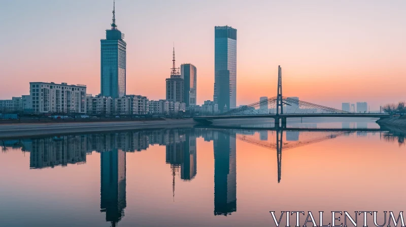 Modern City Sunset Reflection - Urban Skyline at Dusk AI Image