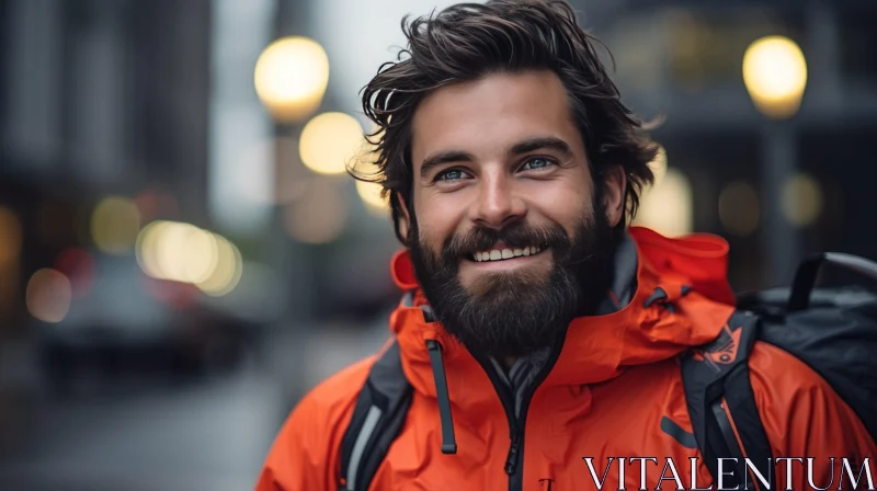 Portrait of Smiling Man in Orange Jacket AI Image