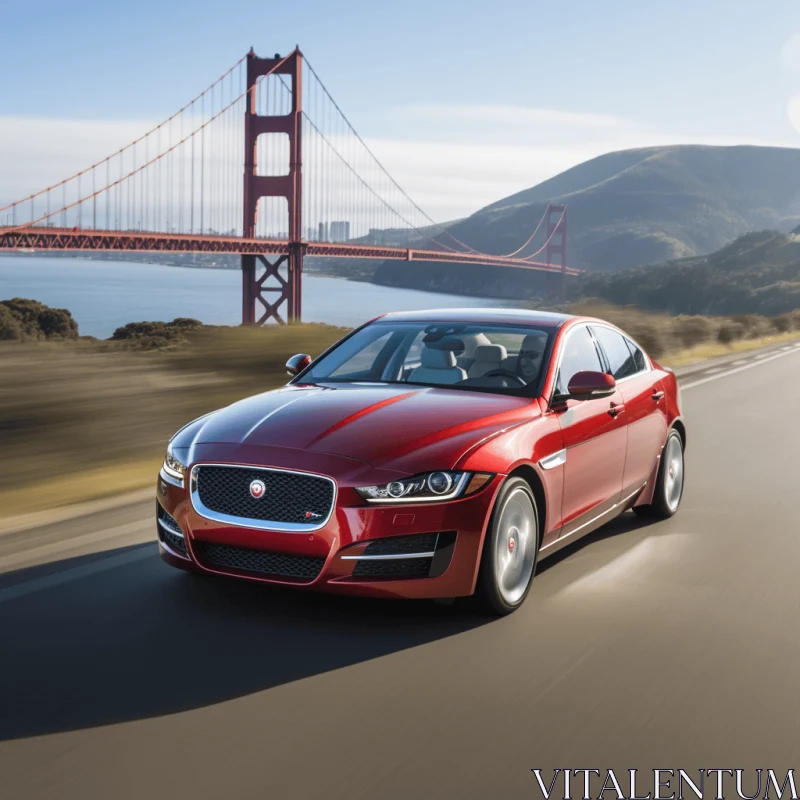 Red Jaguar XE Sedan Speeding on Golden Gate Bridge | Dynamic Power AI Image