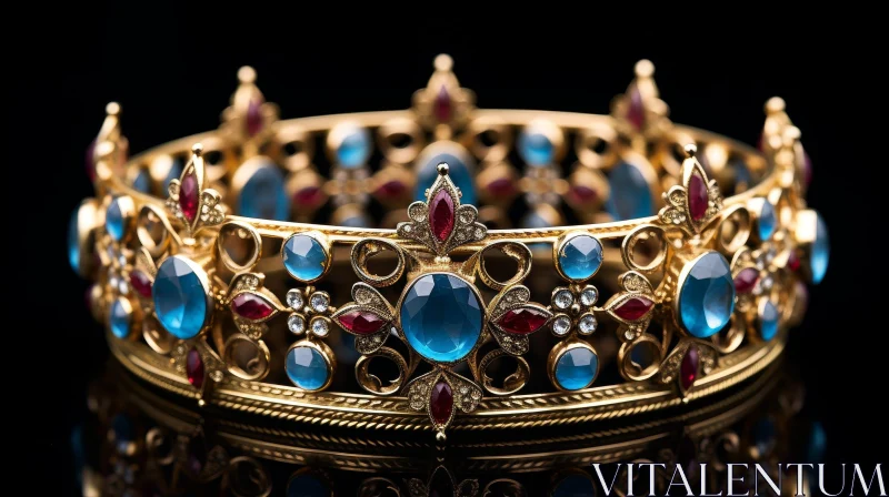 Royal Gold Crown with Blue and Red Gemstones | 3D Rendering AI Image