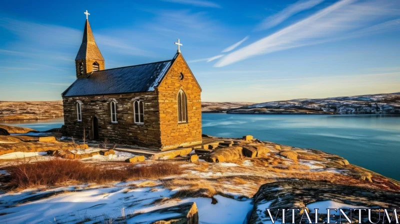 Serene Stone Church by the Lake: A Captivating Scene of Gothic Architecture AI Image
