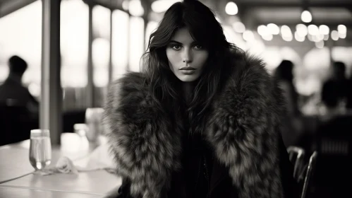 Serious Young Woman in Fur Coat at Restaurant Table