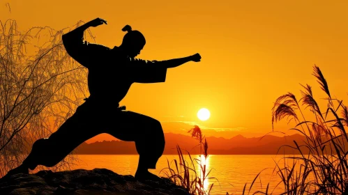 Silhouette of a Martial Artist in Harmony with Nature