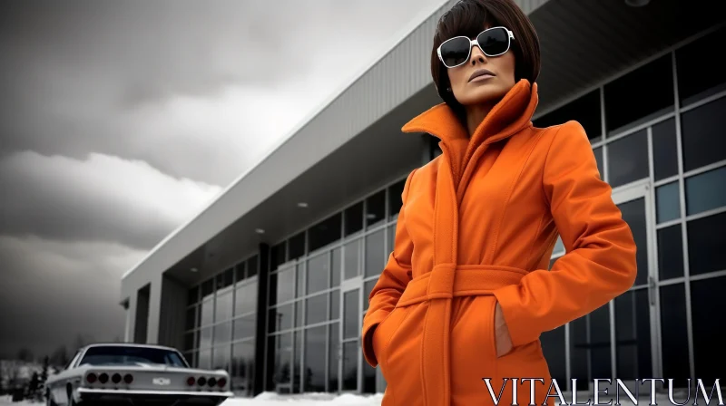 Stylish Woman in Orange Coat by Modern Building AI Image