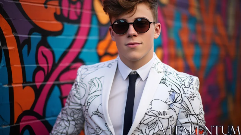 AI ART Stylish Young Man Portrait in Floral Suit and Sunglasses