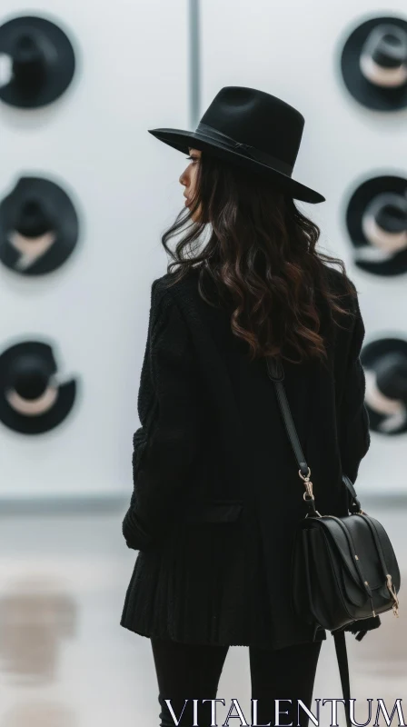 Urban Fashion: Stylish Woman in Black Hat and Coat AI Image