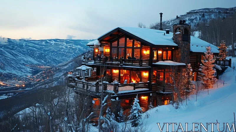 Winter Landscape with Luxurious Cabin in Snow-Capped Mountains AI Image