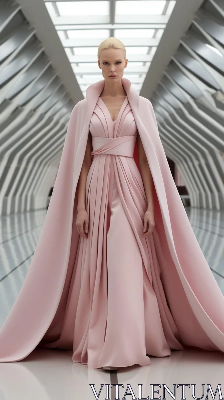 Woman in Pink Dress with Cape in Modern Setting AI Image