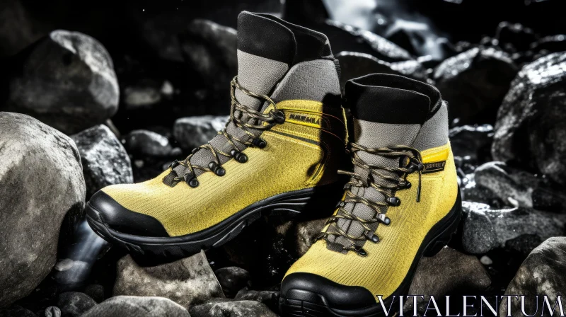 AI ART Yellow Hiking Boots on Rocky Surface