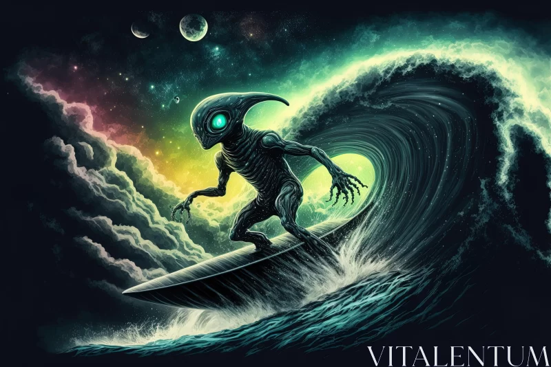 Abstract Surfboard Graphic with Alien Surfer Riding a Wave AI Image