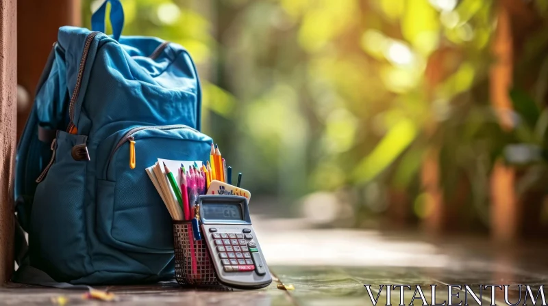 Blue Backpack with School Supplies on Wooden Floor AI Image