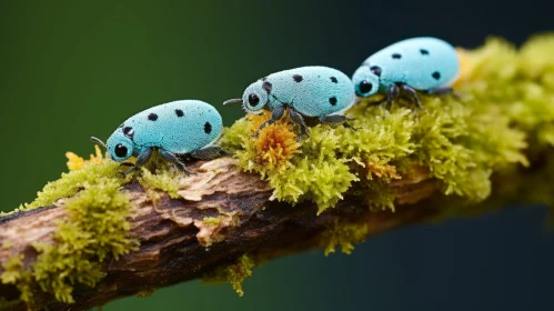 Blue Beetles on Branch - Close-up Nature Photo