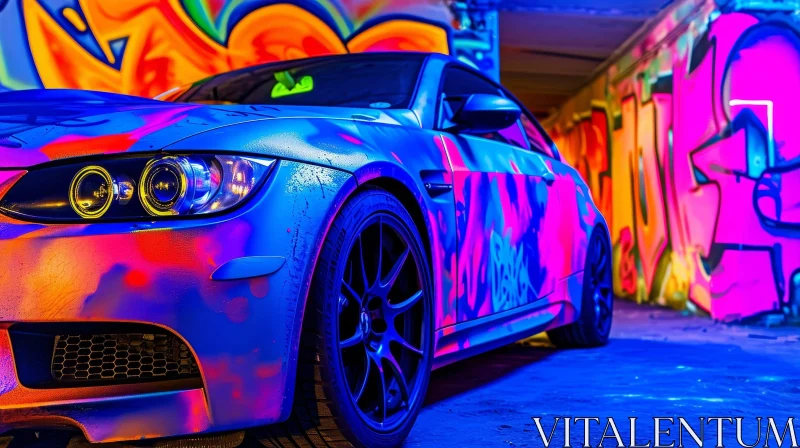 Blue BMW M3 E92 with Graffiti in Dark Tunnel AI Image