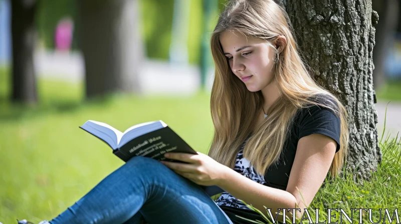 Captivating Image of a Young Girl Reading a Book Under a Tree AI Image