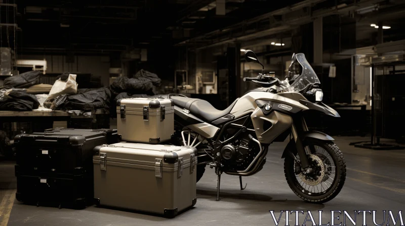 Captivating Image of Luggage and Motorcycles in a Dark Building AI Image