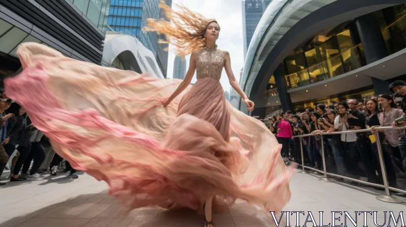 Confident Model in Pink Dress Walking City Street AI Image