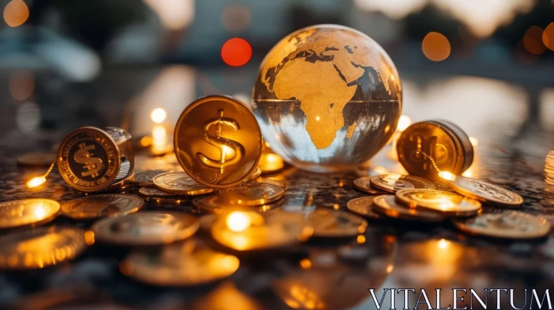 AI ART Enchanting Crystal Ball and Gold Coins on Marble Surface