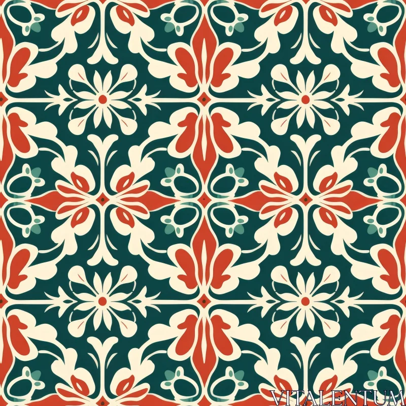 Floral Tiles Pattern in Green and Red AI Image