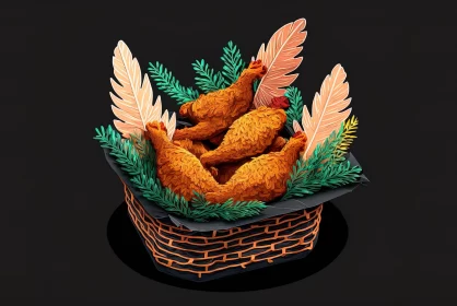 Fried Chicken Illustration in Basket with Highly Detailed Foliage