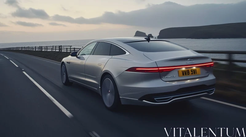 Luxury Silver Jaguar Car Driving Coastal Road at Sunset AI Image