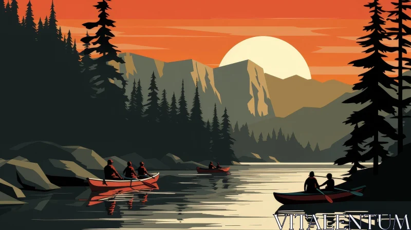Mountain Lake Sunset Digital Illustration AI Image