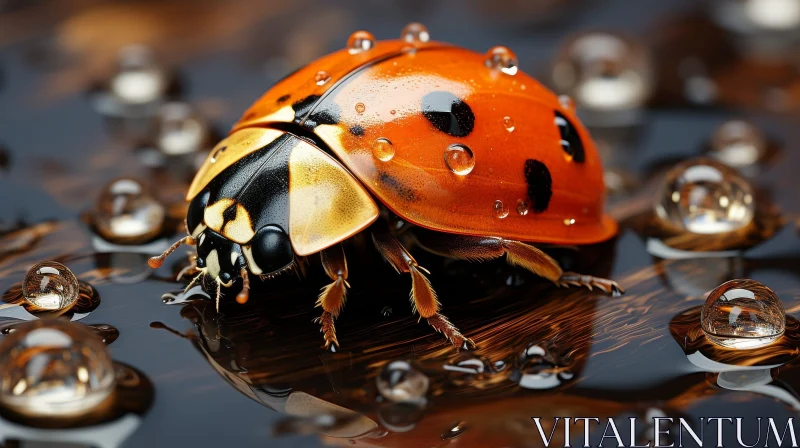 AI ART Red Ladybug on Wet Wooden Surface with Raindrops