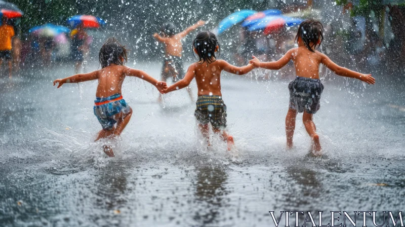 Running Children in the Rain - Joyful Image of Childhood AI Image