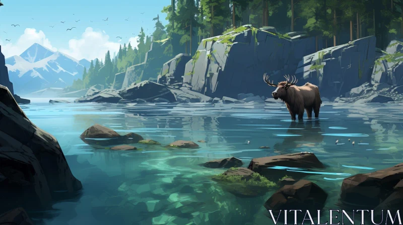 Serene Mountain Lake Landscape with Moose AI Image