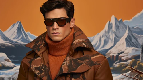 Stylish Male Model in Brown Camouflage Coat and Sunglasses