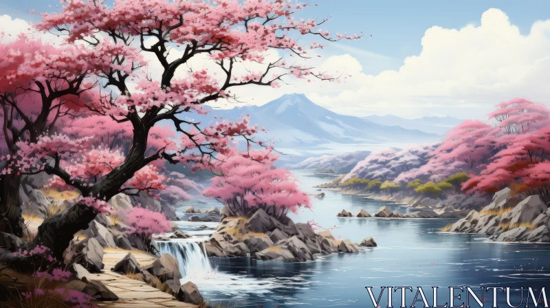 Tranquil River Landscape with Cherry Blossom Trees AI Image