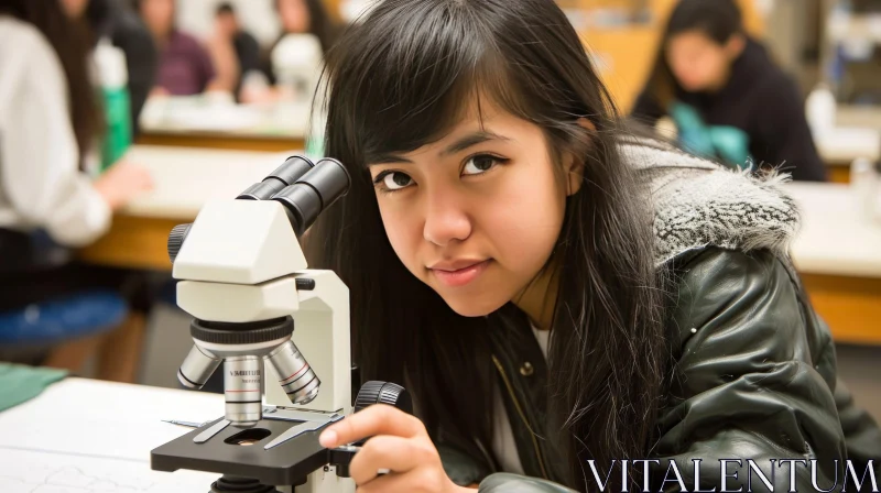 Young Female Student in Science Lab | Microscope | Leather Jacket AI Image