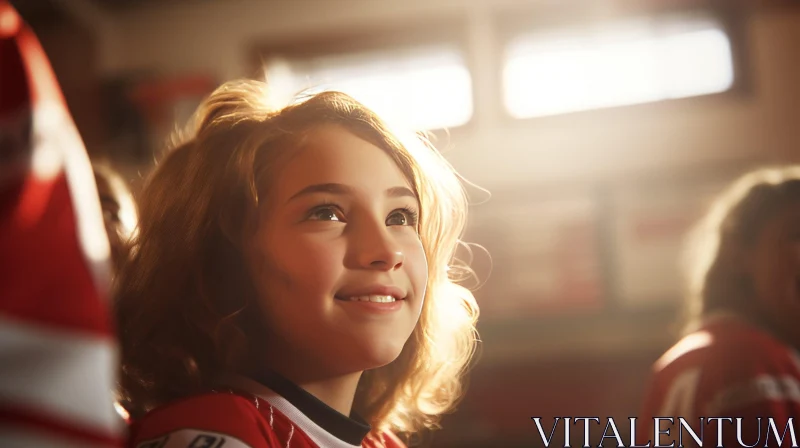 Young Girl Portrait in Red Hockey Jersey AI Image