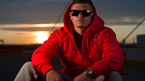 Young Man in Red Hoodie at Sunset