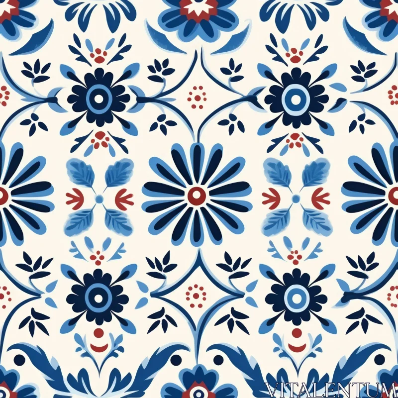 Blue & White Floral Pattern Inspired by Portuguese Tiles AI Image