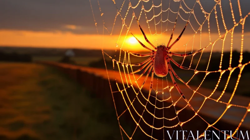 Brown Spider in Dew-Covered Web at Sunset AI Image