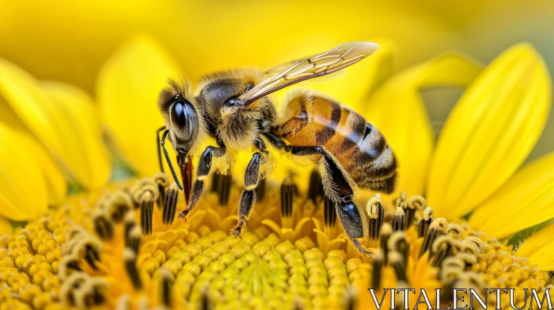 Close-Up Nature Photography: Bee Pollinating Sunflower AI Image