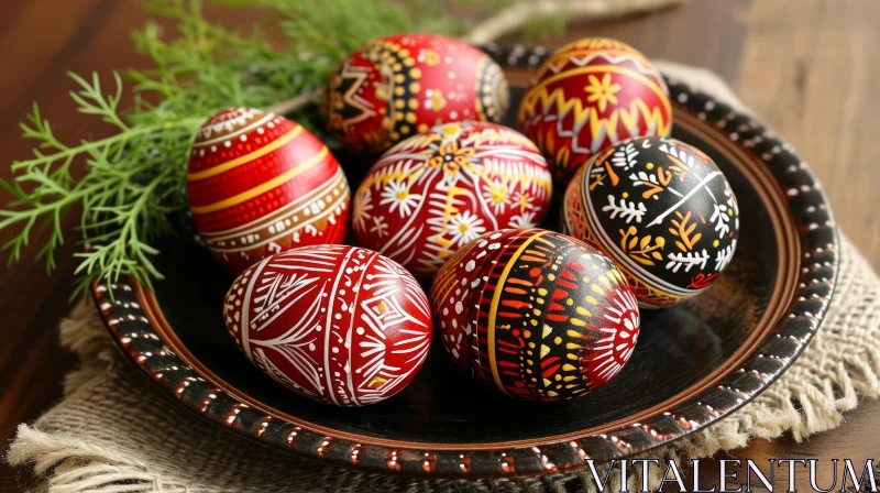 Easter Eggs with Traditional Ukrainian Patterns on Wooden Table AI Image
