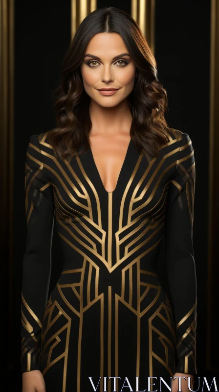 AI ART Elegant Woman in Black Evening Dress with Geometric Pattern