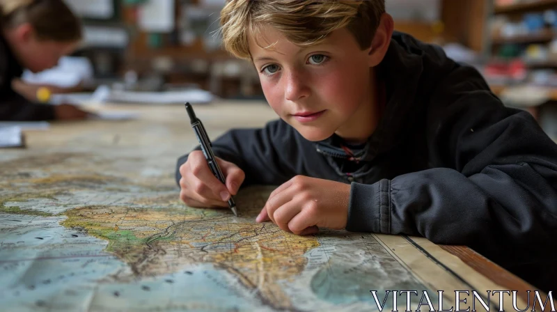 Exploring the World: Young Boy Studying a Map on a Wooden Table AI Image