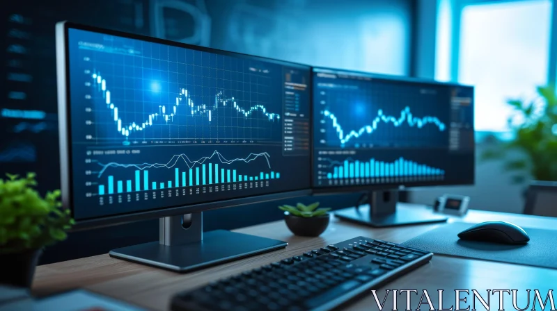 Innovative Stock Market Display: Desk with Computer Monitors AI Image