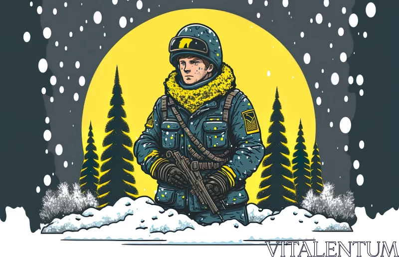 Pop Art Illustration of a Soldier in Snow Dress Standing in the Forest AI Image