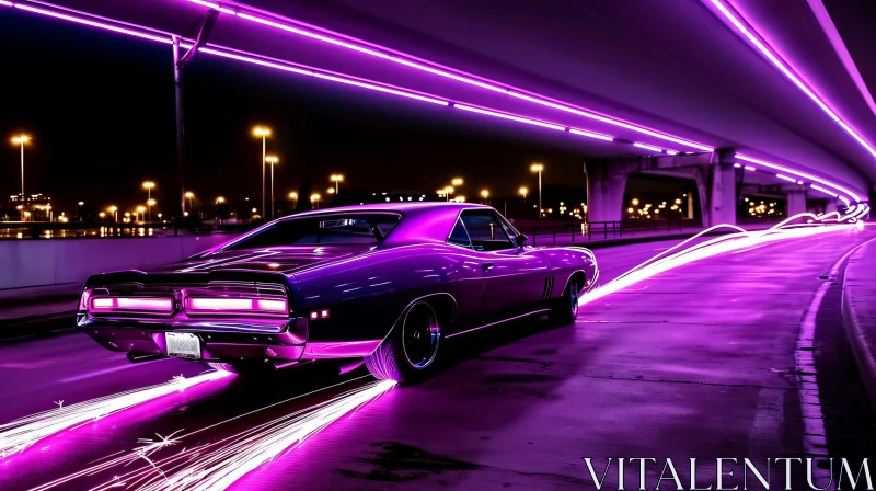 Purple Car Driving under Bridge at Night AI Image