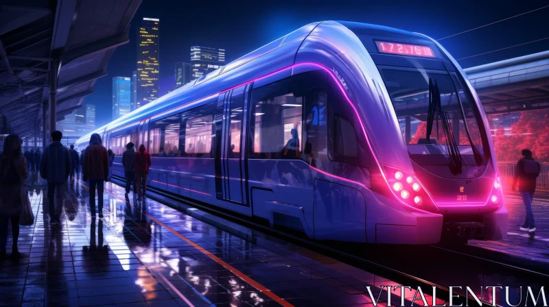 Sleek Silver Tram in Futuristic City AI Image