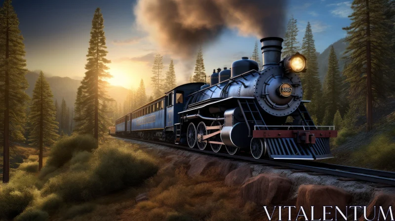 AI ART Steam Locomotive in Mountain Valley at Sunset
