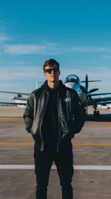 Stylish Man in Black Bomber Jacket by Private Jet