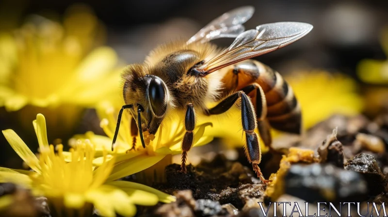 Busy Honey Bee Collecting Pollen on Yellow Flower AI Image