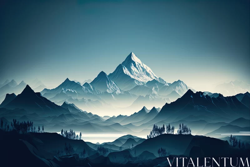 Captivating Digital Painting of a Mountain Scene in Dark Cyan | Himalayan Art AI Image