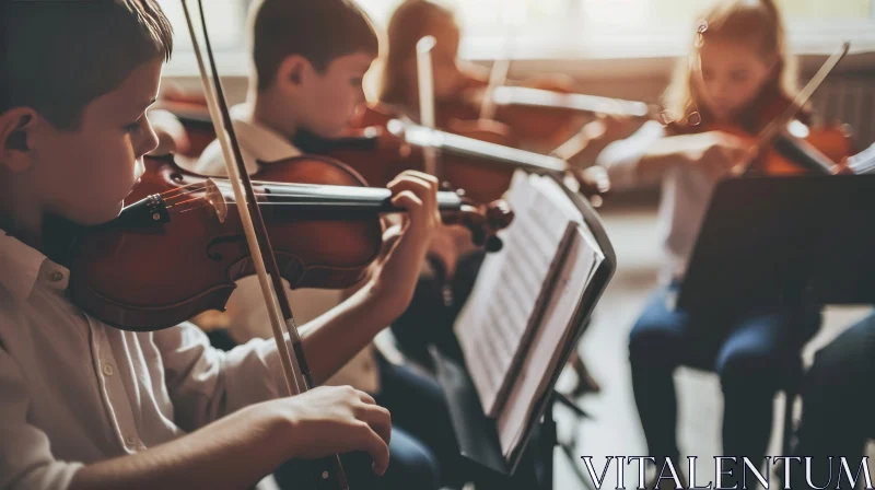 Captivating Image of Children Playing Violins in a School Orchestra AI Image